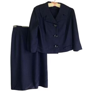 50s Vintage Skirt Jacket Suit Women's XS Linen Navy Blue 3/4 Sleeves Glenhaven